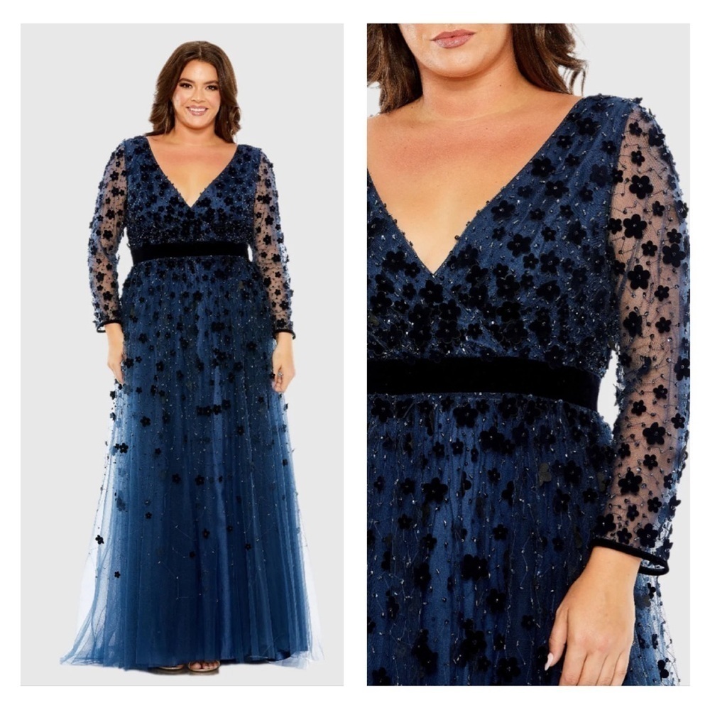 Mac Duggal 67502 NWT Floral Applique Long Sleeve A Line Gown